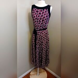 Perceptions Pink and Black A-Line Midi Dress Sleeveless Crew Neck